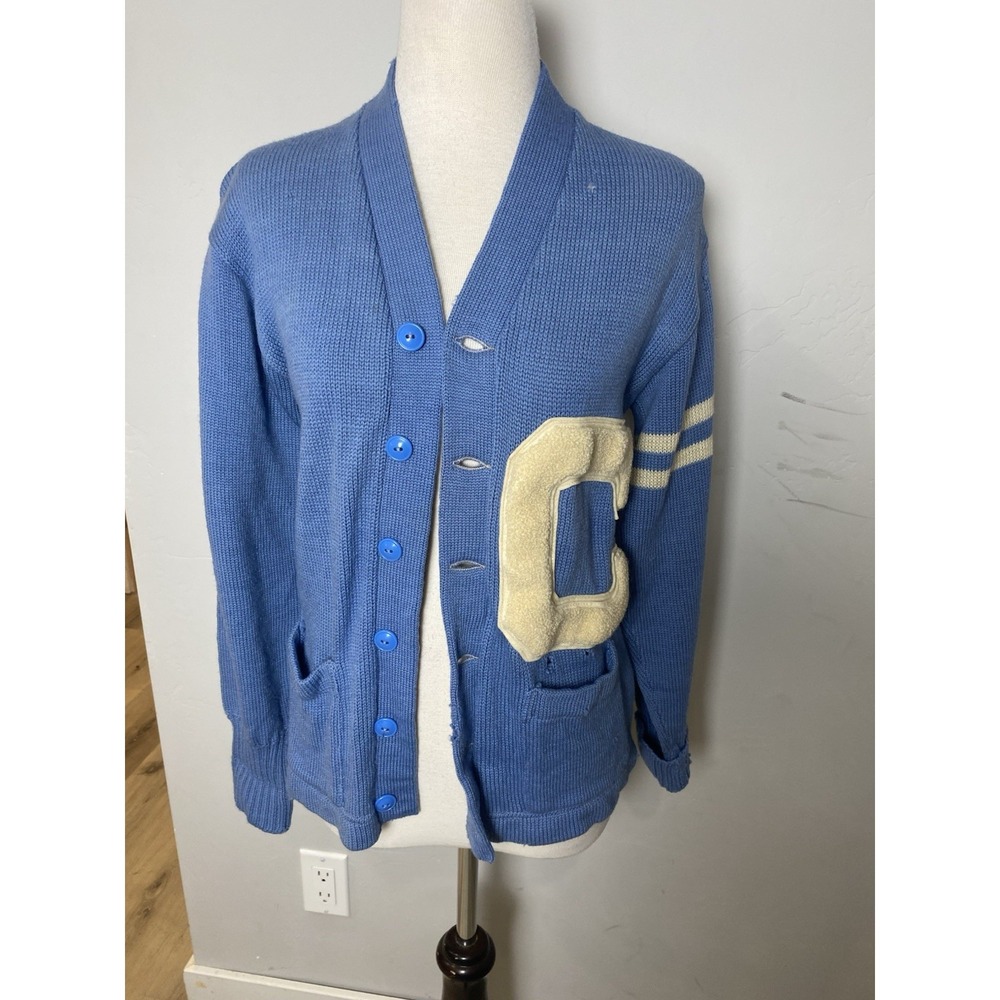 1940s Vintage Letterman Sweater Jacket Blue Wool Varsity Cardigan "C" Patch S/M